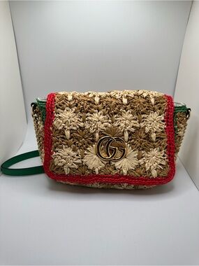 Gucci GG Marmont Flap Raffia Chain Shoulder Bag